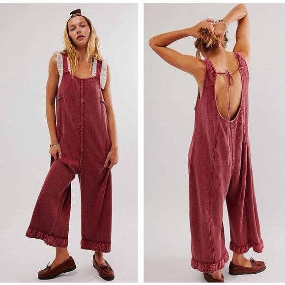 Free People Pants - FREE PEOPLE FP One Callie One Piece Waffle Jumpsuit Washed Red Sz L $98 {L48}